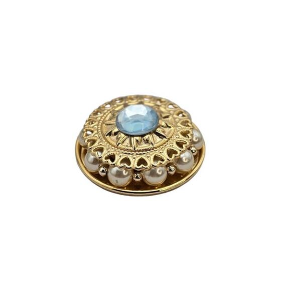 Vintage Gold Filigree Heart Brooch Blue Glass Stone & Faux Pearls - Picture 3 of 6